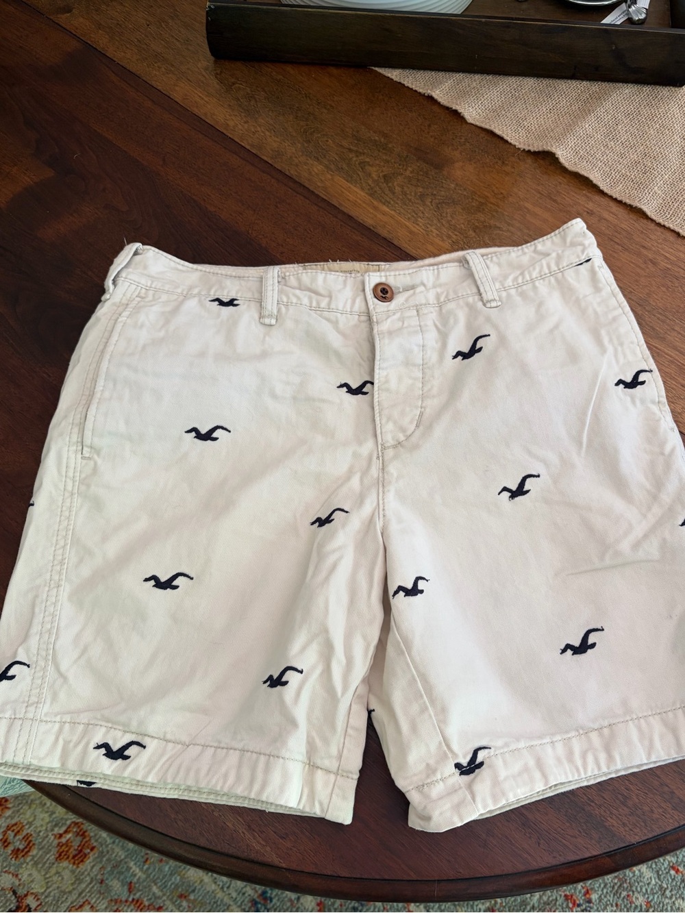Hollister Cream/Tan Cotton Shorts with Embroidered Seagull Detail
